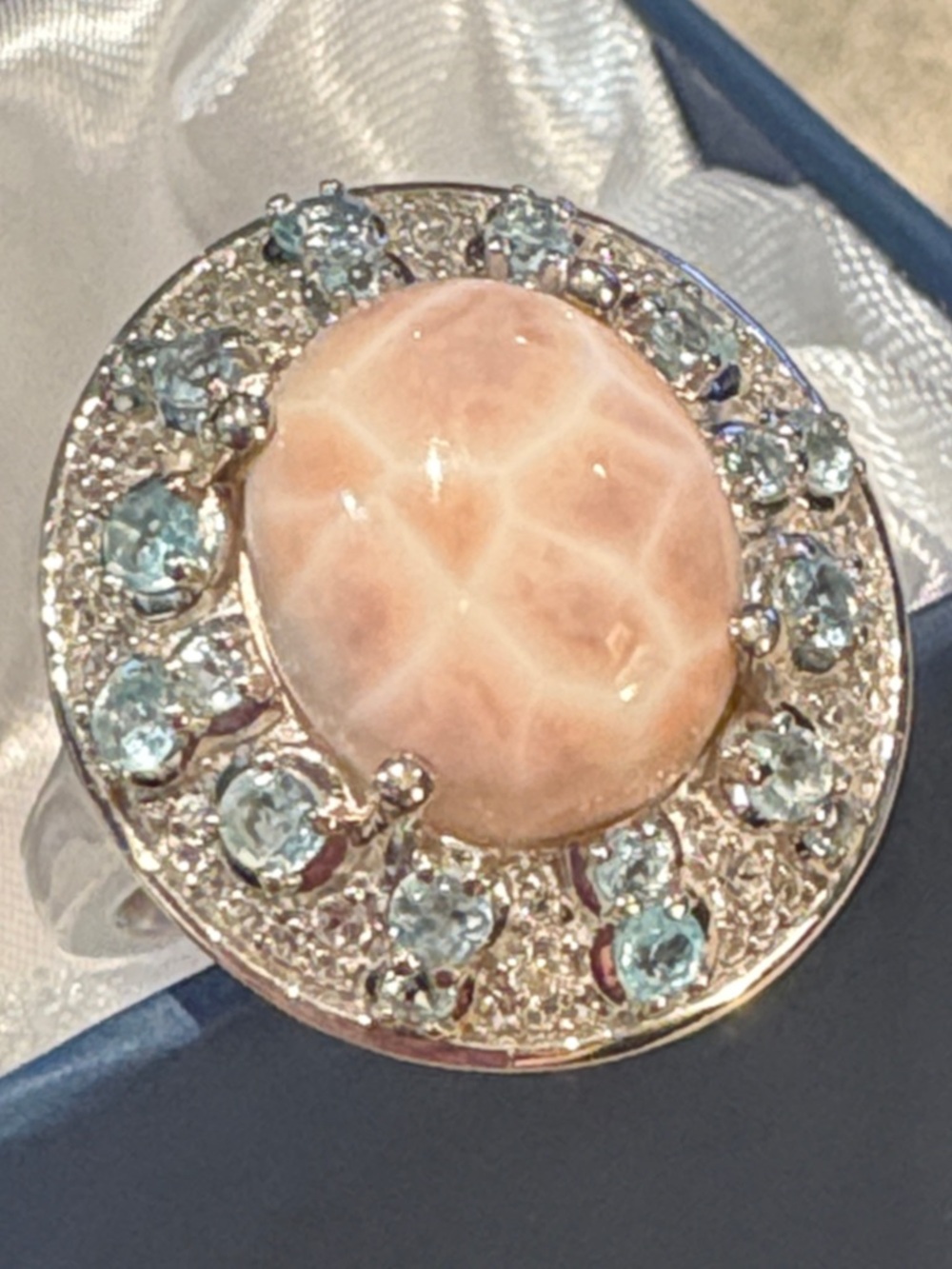 4 kts Pink Natrolite & Blue Apertite Sterling Silver 925 Halo Ring Size 8 NWTS
